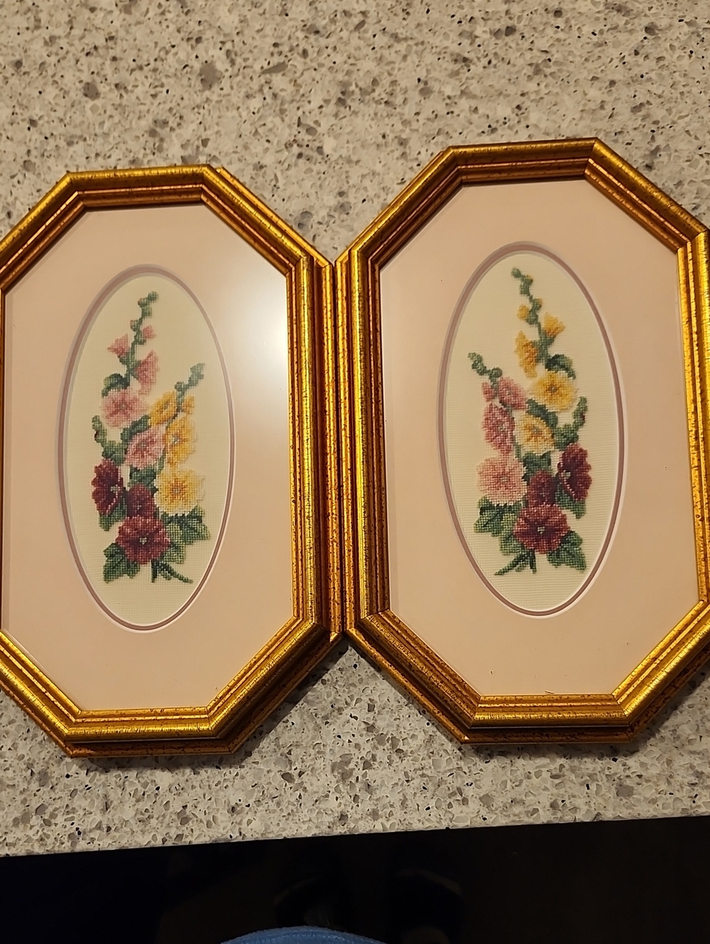 VINTAGE Gold Framed Floral Needle Point Wall Art - Set of 2